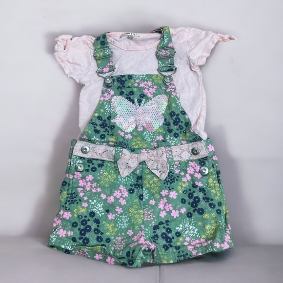 Nanette Lepore Short Alls W/ Shirt Outfit Sz 4T Girls Kids Green Pink Butterfly - Picture 1 of 6